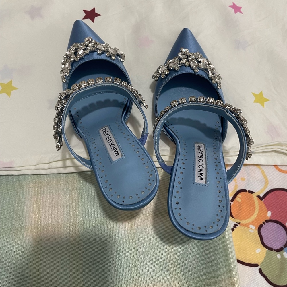 Manolo Blahnik Sky Blue Jeweled Satin Pointed-Toe Mules - Picture 8 of 10